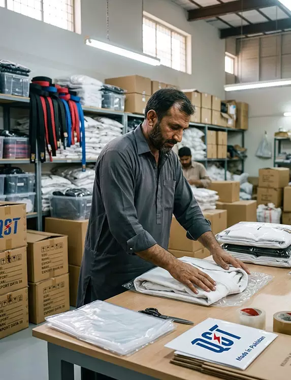 Finished martial arts uniforms being folded and packed for export at QST International