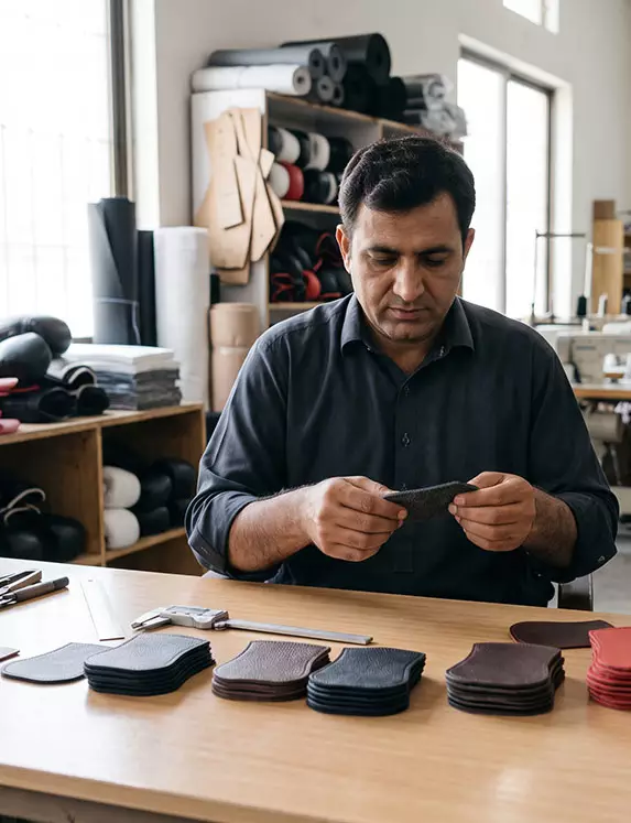 Leather and material samples being inspected at QST International