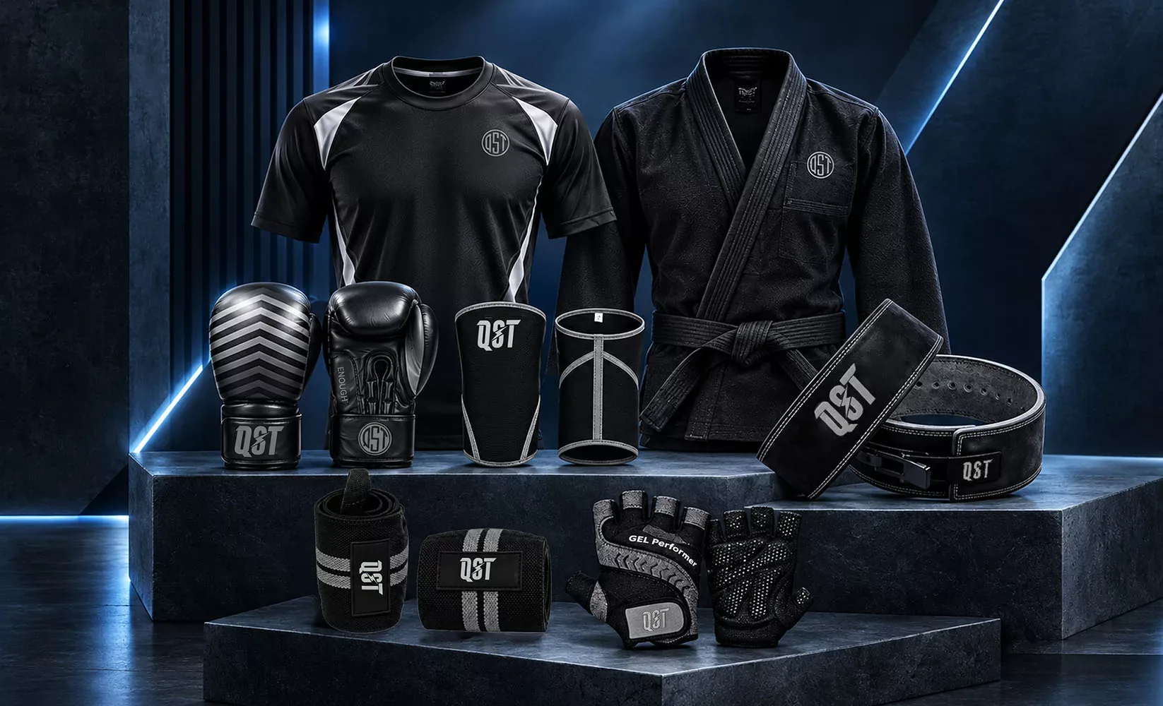Custom QST-branded boxing gloves, BJJ gi, training shirt, lifting belt, knee sleeves, wrist wraps and gym gloves