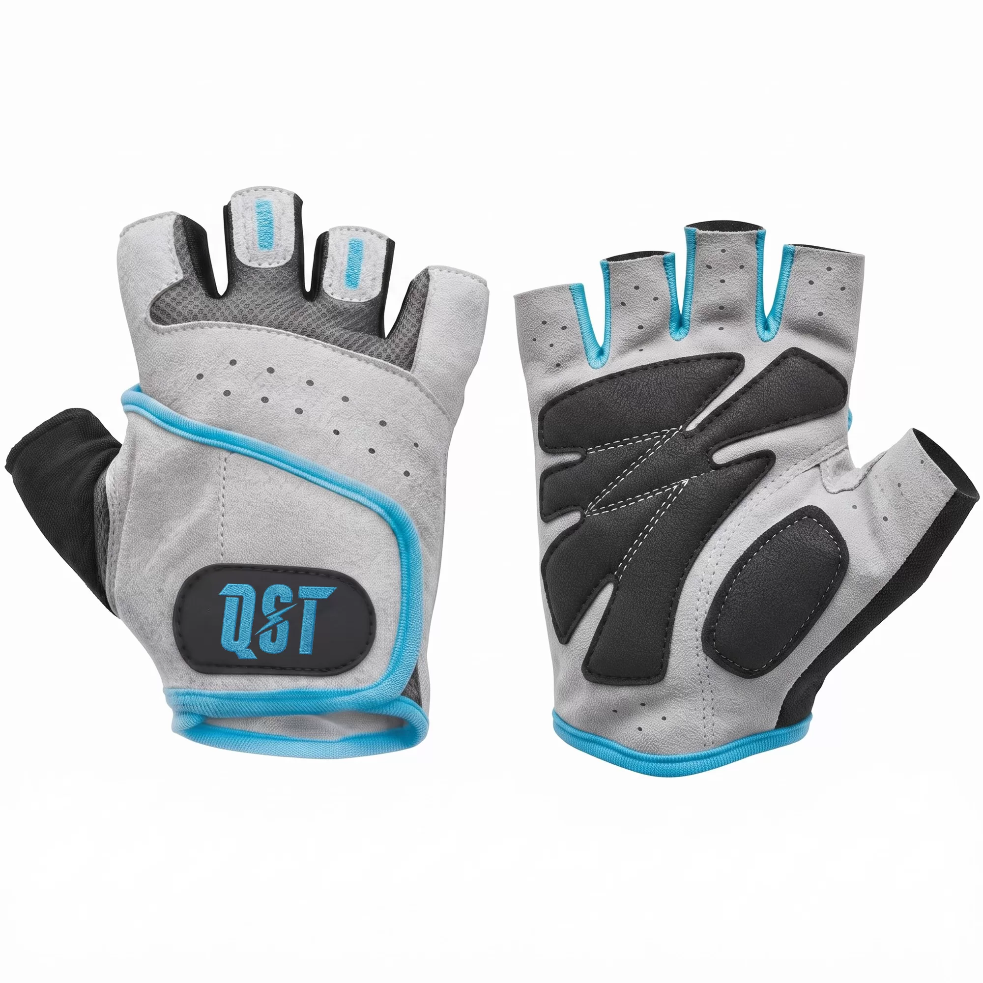 QST-3756 light grey and blue weightlifting gloves with open wrist design