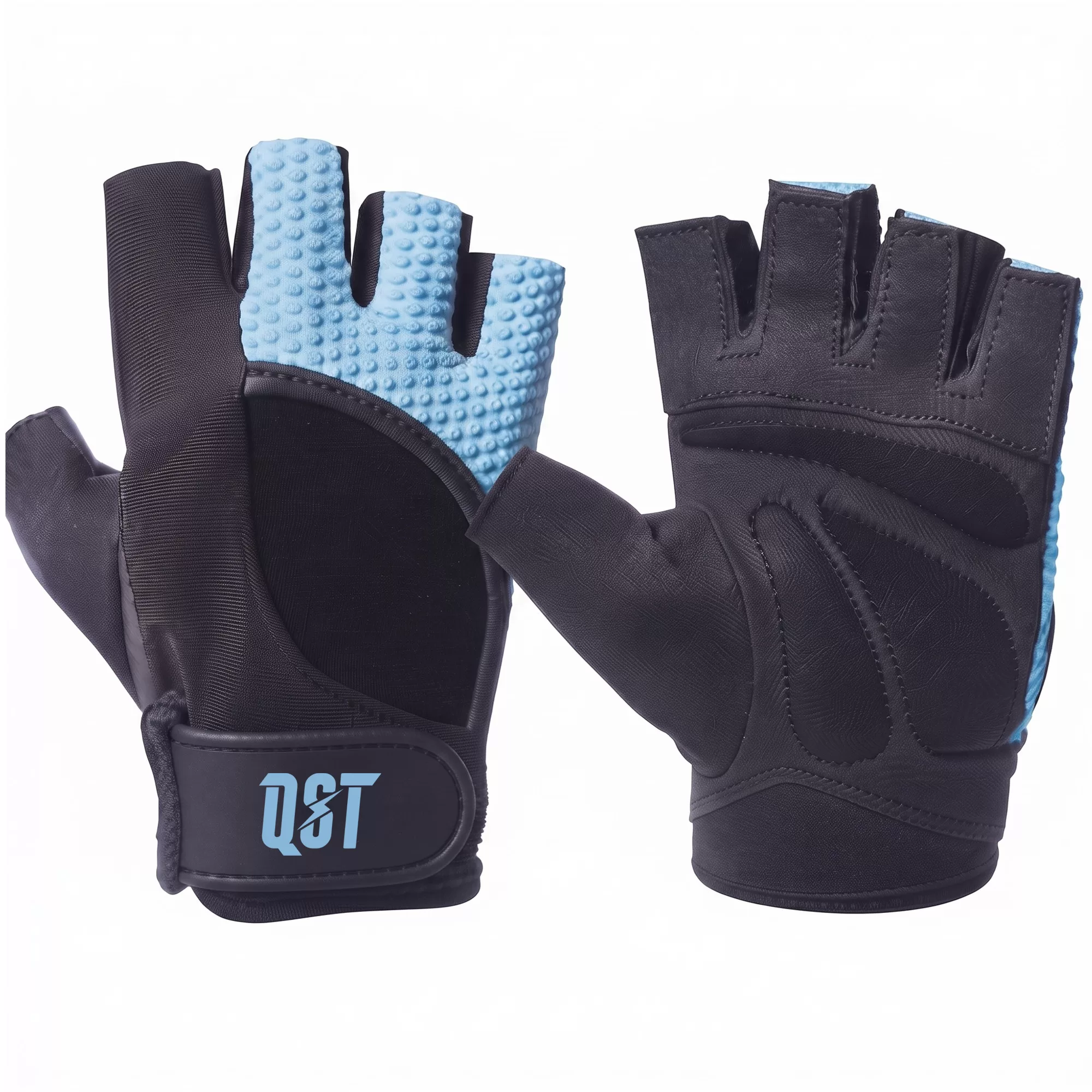 qst-3754 black and light blue weightlifting gloves with wrist strap