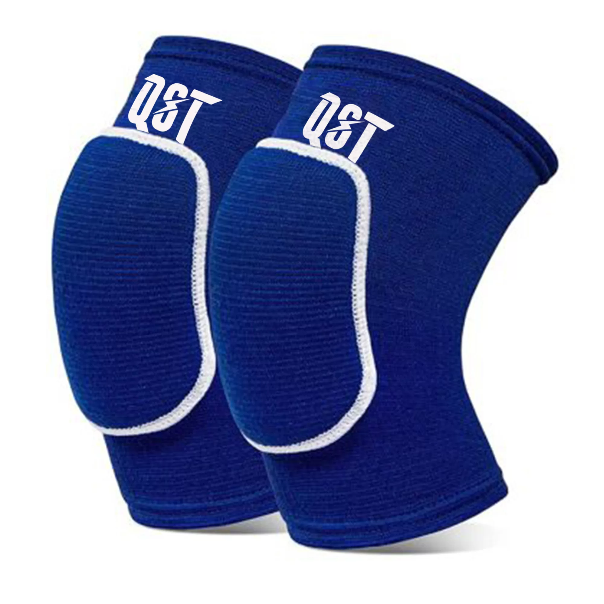 3 Pair of navy blue knee pads with white trim and QST logo on each