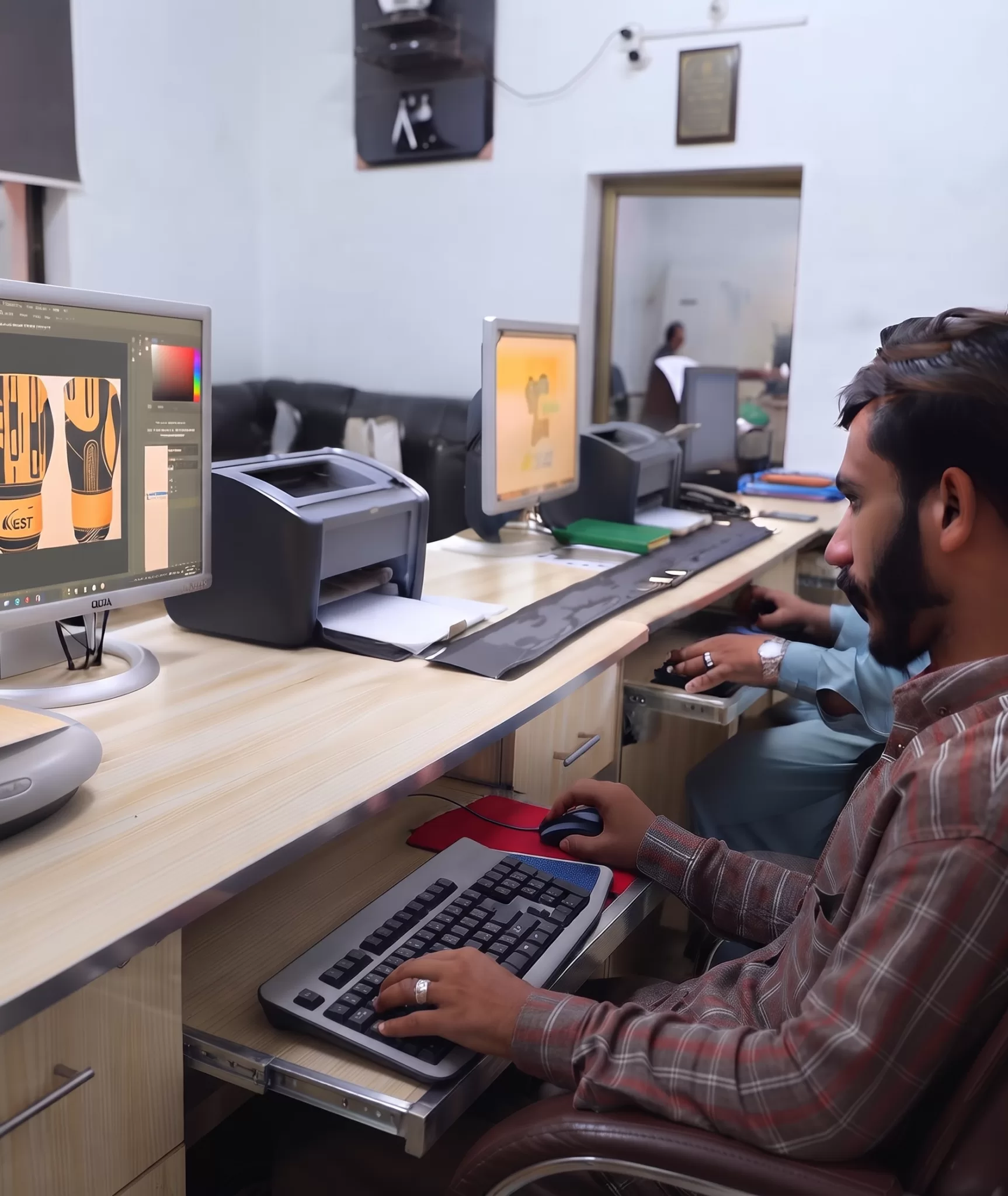 Designer preparing artwork and colourways on screen at QST International