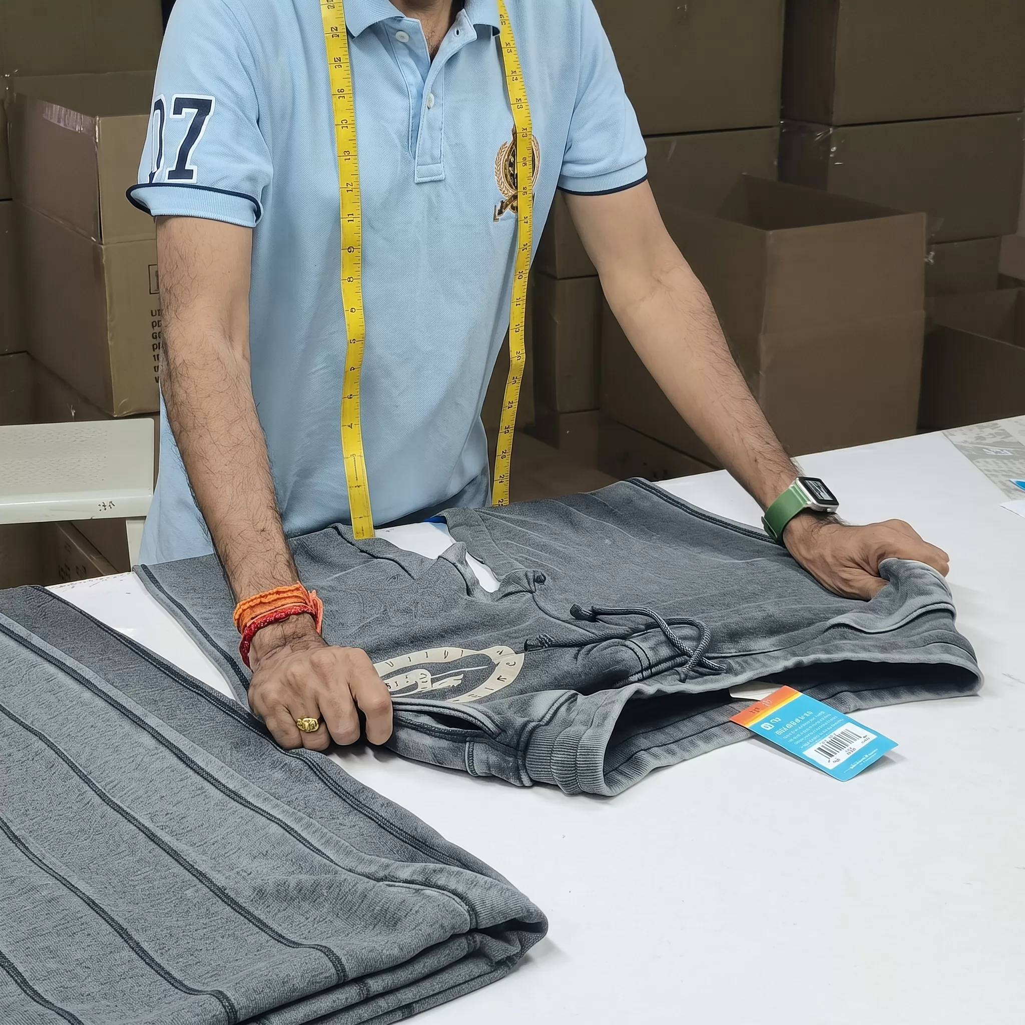 Quality inspector measuring a garment during final checking