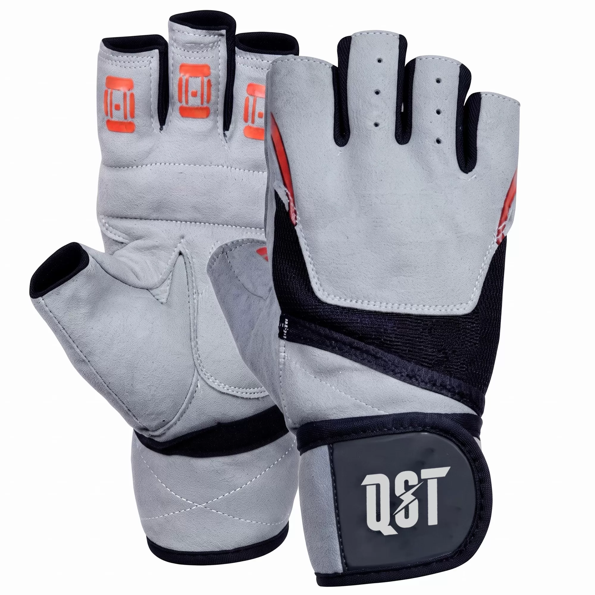 QST-3720.webp Pro Grey & Orange Men's Weightlifting Gloves - Image 1