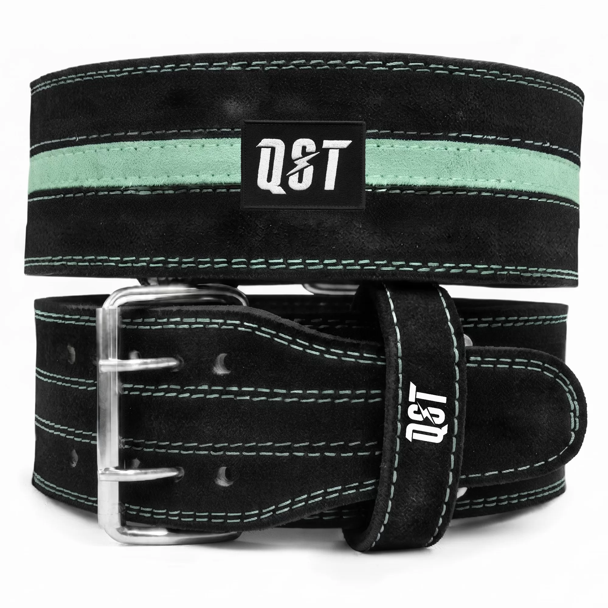 Untitled-1-3.webp Double Prong Powerlifting Belt Black with Mint Green Stripe - Image 1
