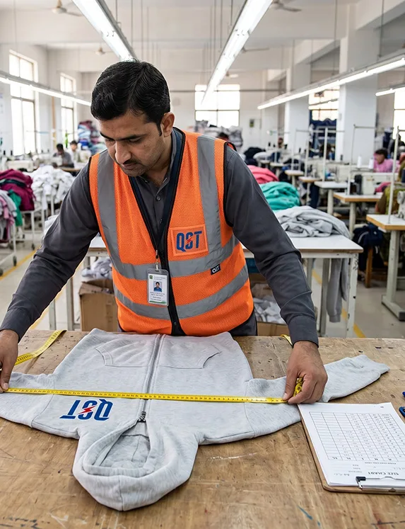 Quality inspector measuring a garment during final checking