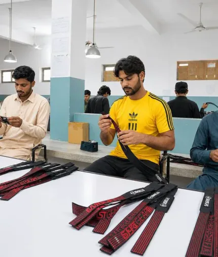 Worker checking finished weightlifting belts at a workbench