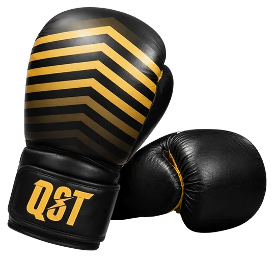 Black and gold striped boxing gloves with QST logo