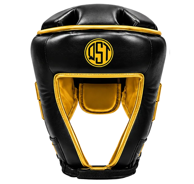 Black and gold boxing head guard with QST logo