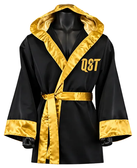 Black and gold hooded boxing robe with QST branding