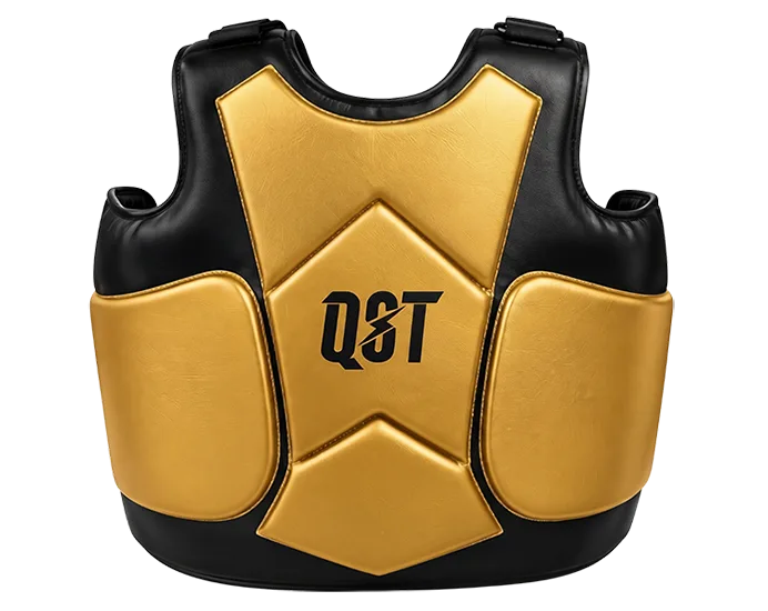 Black and gold boxing chest guard with QST logo