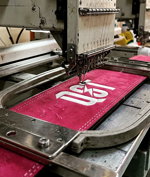 Embroidering a QST logo on a computerised embroidery machine