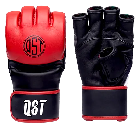 Red and black MMA grappling gloves with QST logo