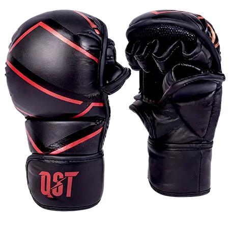 Black MMA sparring gloves with red trim and QST logo