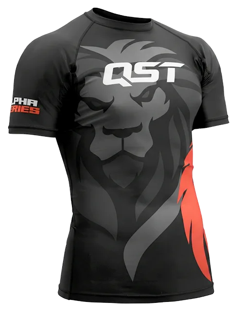 Short-sleeve MMA rash guard with lion print and QST logo