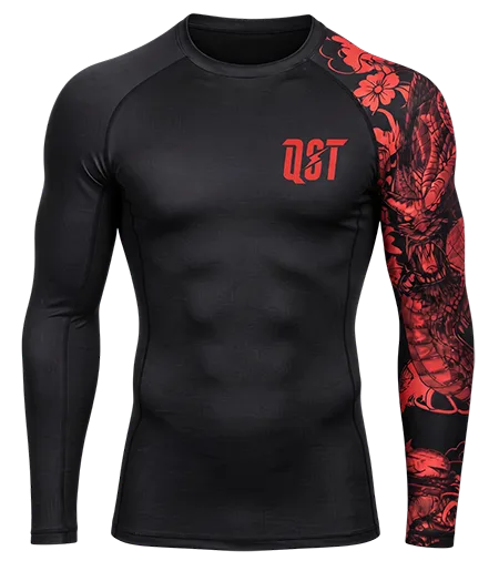 Long-sleeve MMA rash guard with red sleeve print and QST logo