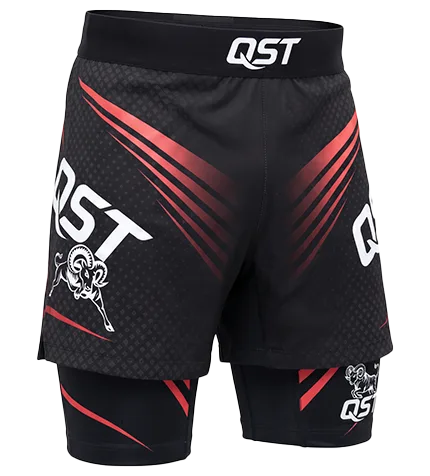 Black and red MMA fight shorts with QST print
