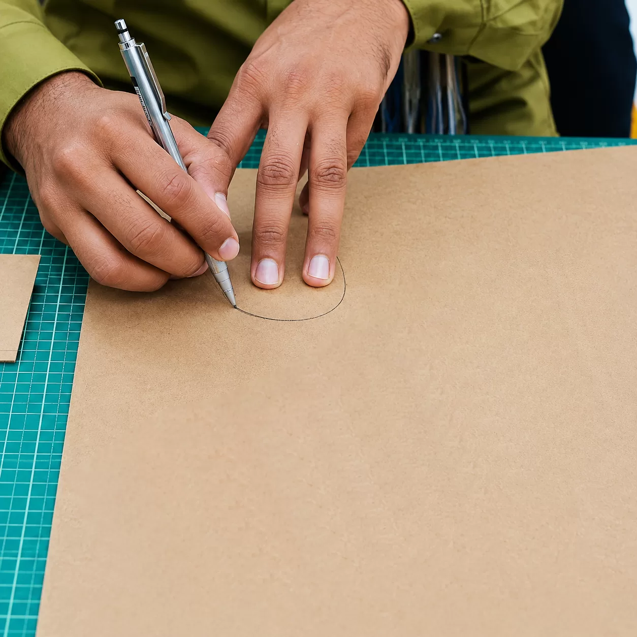 Worker making a product pattern on the cutting table