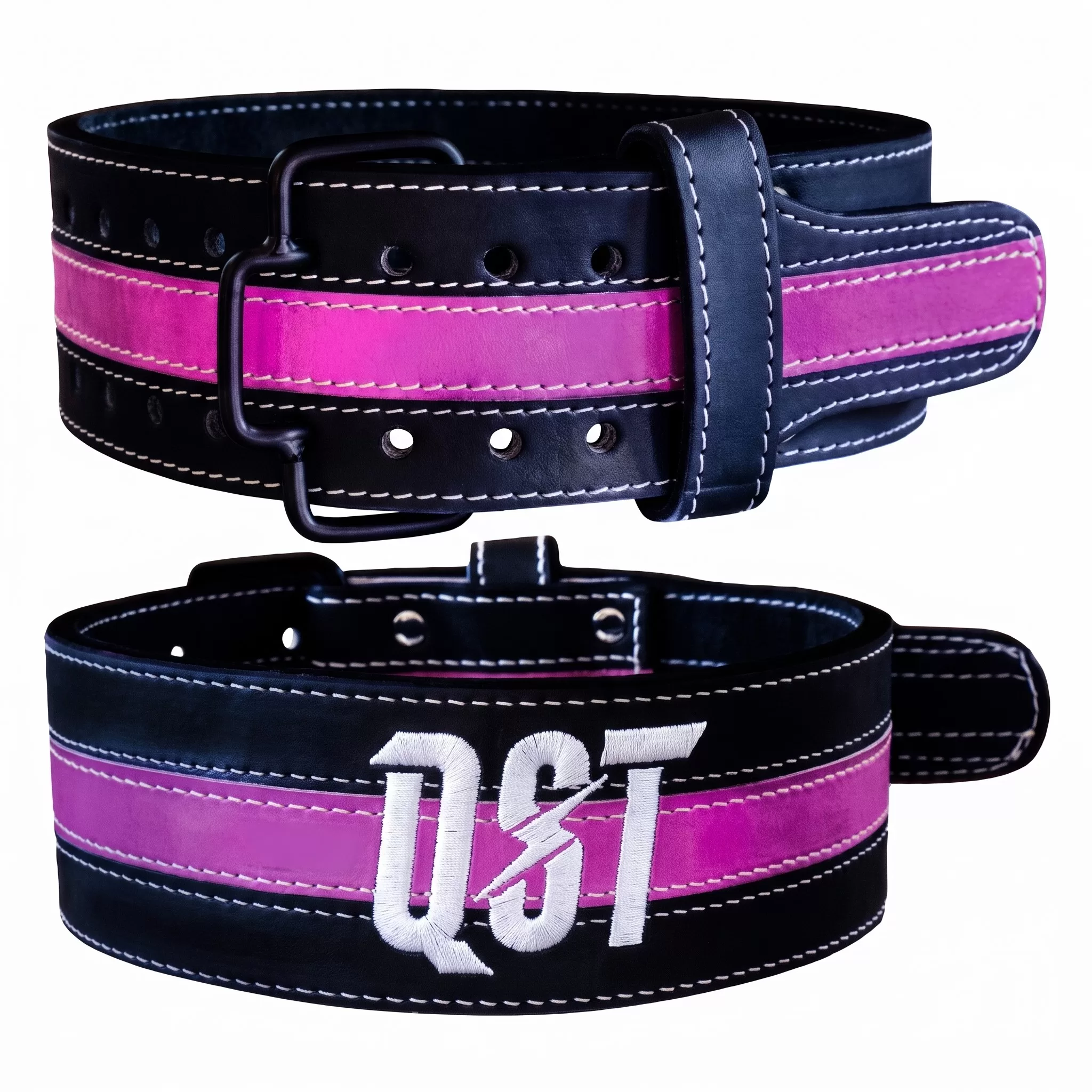 power-belt-6.webp Double Prong Powerlifting Belt Black with Pink Striped - Image 1