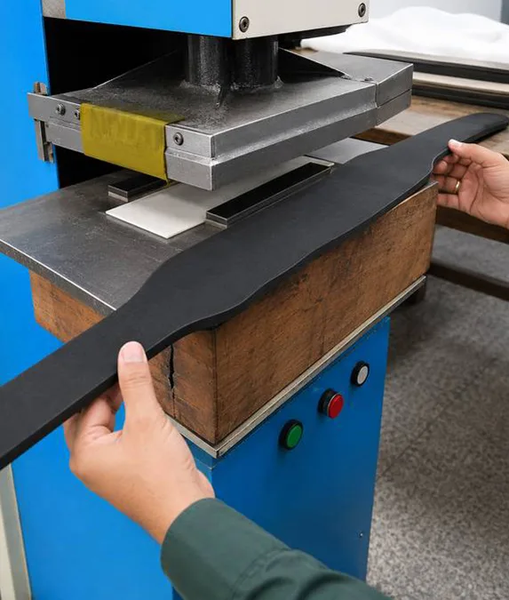 Press cutting a weightlifting strap during sampling