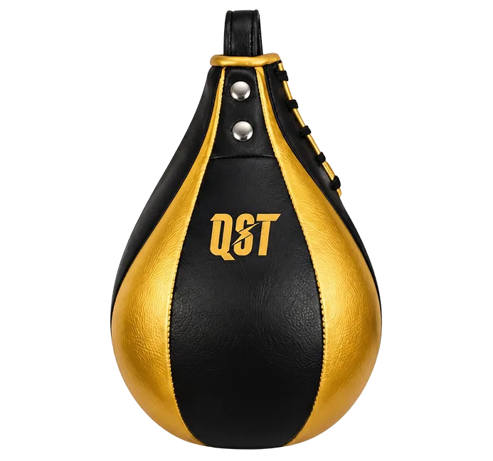 Black and gold leather speed bag with QST logo