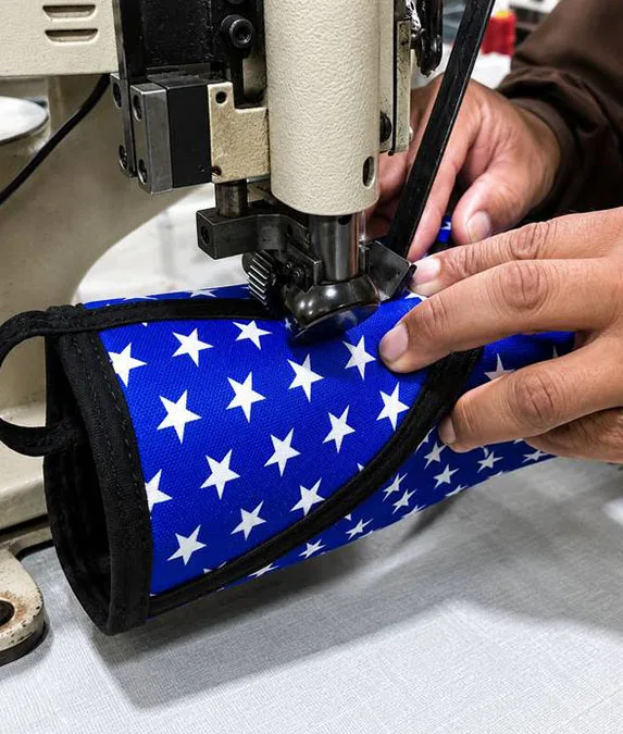 Stitching a sublimated star-print garment on an industrial sewing machine