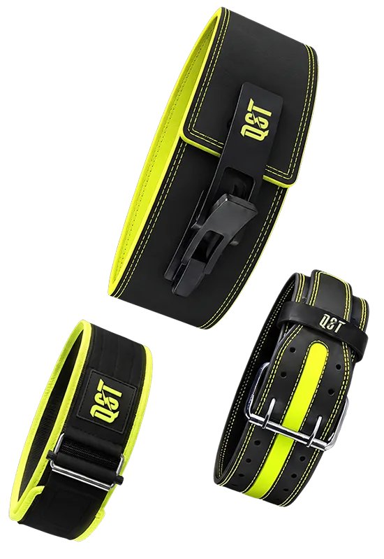 Black weightlifting belts with lime stitching and QST logo