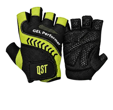 Fingerless weightlifting gloves with lime padding and QST logo