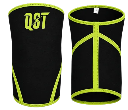 Neoprene weightlifting knee sleeves with lime trim and QST logo