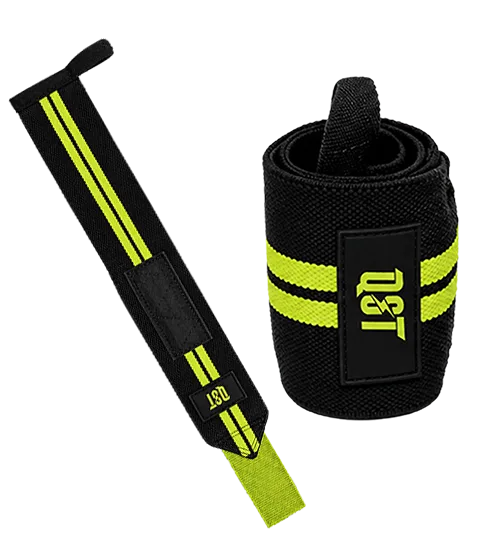 Weightlifting wrist wraps with thumb loop and QST logo